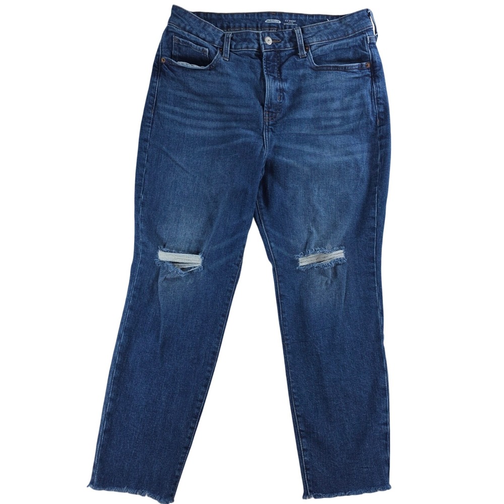 Old Navy Women 14 Petite Blue O.G. Straight High Rise Distressed Raw Hem Jeans